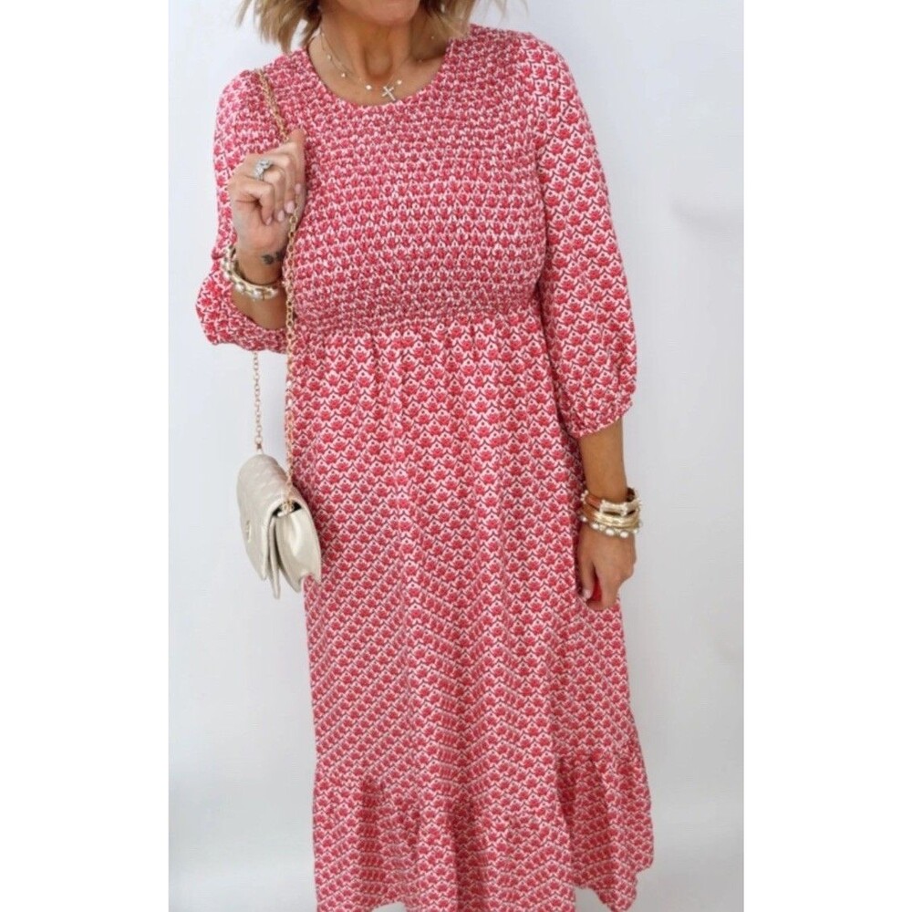 CZ Collection Cezele Maxi Dress Size Medium Smocked Pink Puff 3/4 Sleeve Tiered